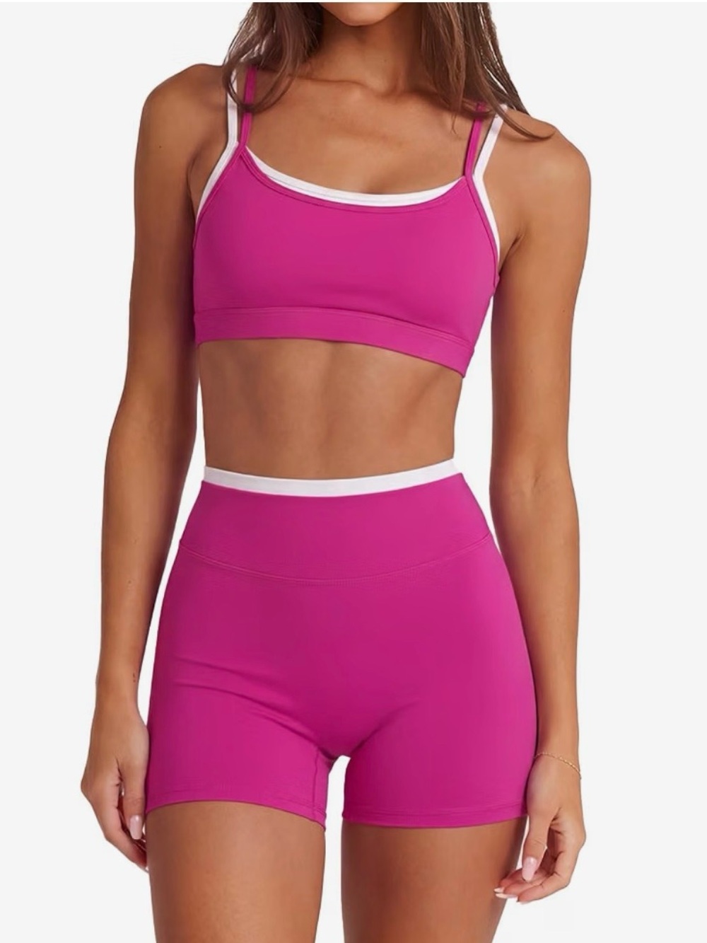 Women's Hot Pink High-Waist Active Shorts and top set with White Trim